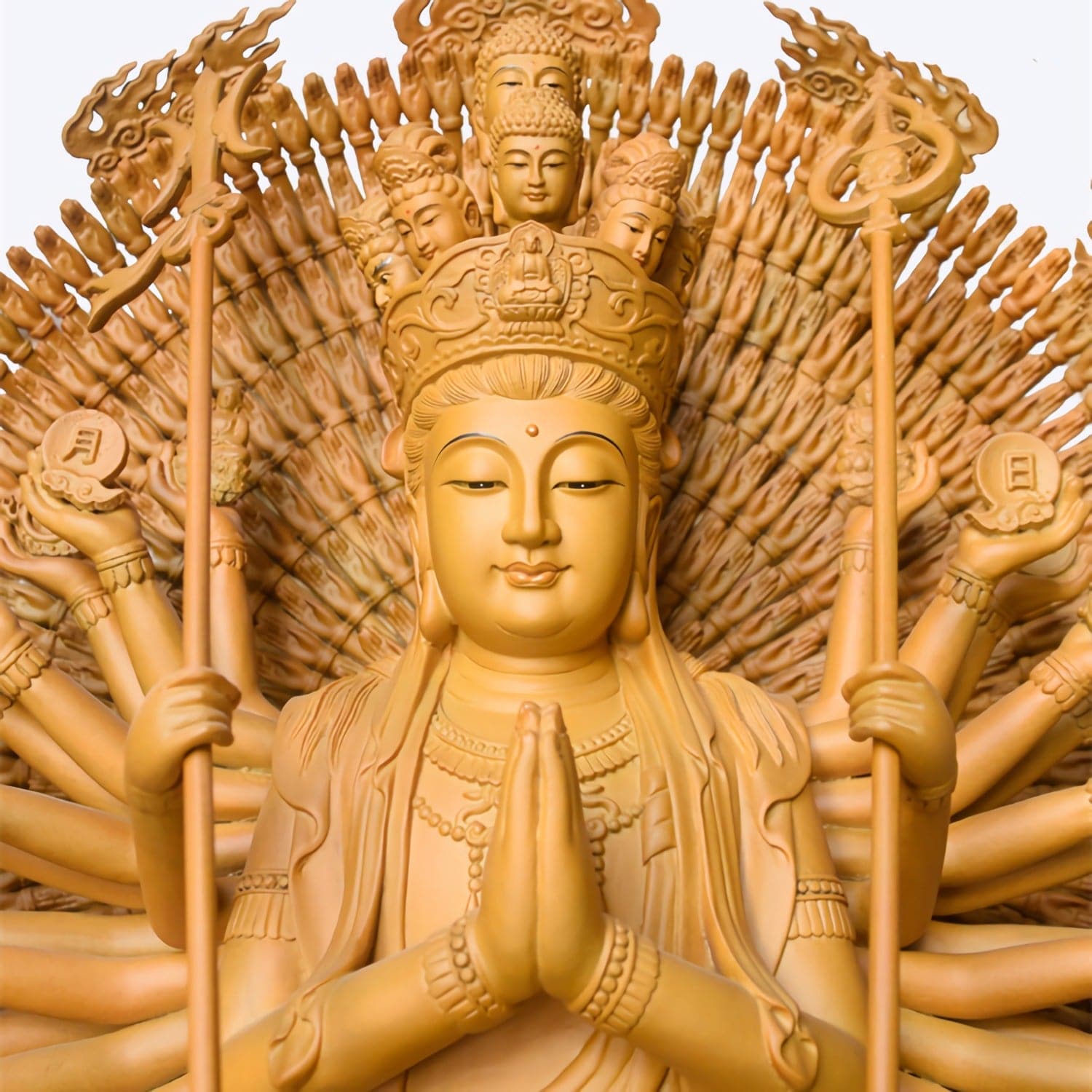 千手観音 手彫り木彫り仏像 全高25cm 風水では財物や幸せをかき集める ...